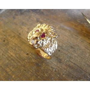 Bague or jaune 9 KT tête de lion Marjan avec rubis et diamant