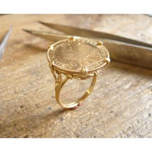 Bague pièce or 18 KT corbeille 10 Francs or Coq