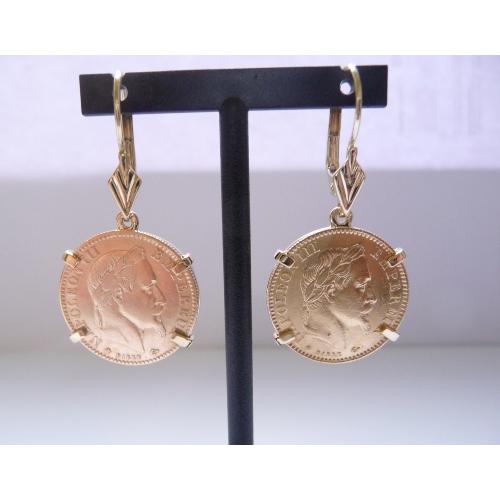 Boucles d'oreilles porte-pièce 4 griffes avec 10 Francs Napoléon