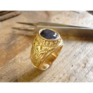 Bague américaine US Army en or 9 KT avec saphir