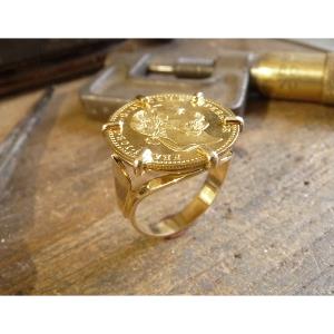 Bague pièce or 18 KT plume 6 griffes avec 1 Ducat en or