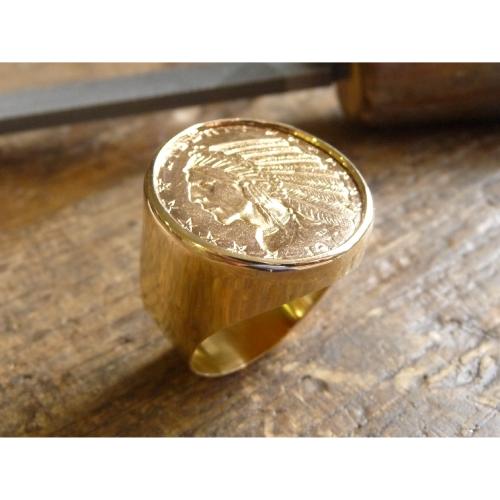 Chevalière or ronde pièce de 2.5 Dollars tête d'indien avec douille