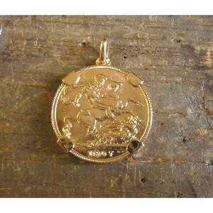 Pendentif or porte-pièce 4 griffes avec Souverain en or