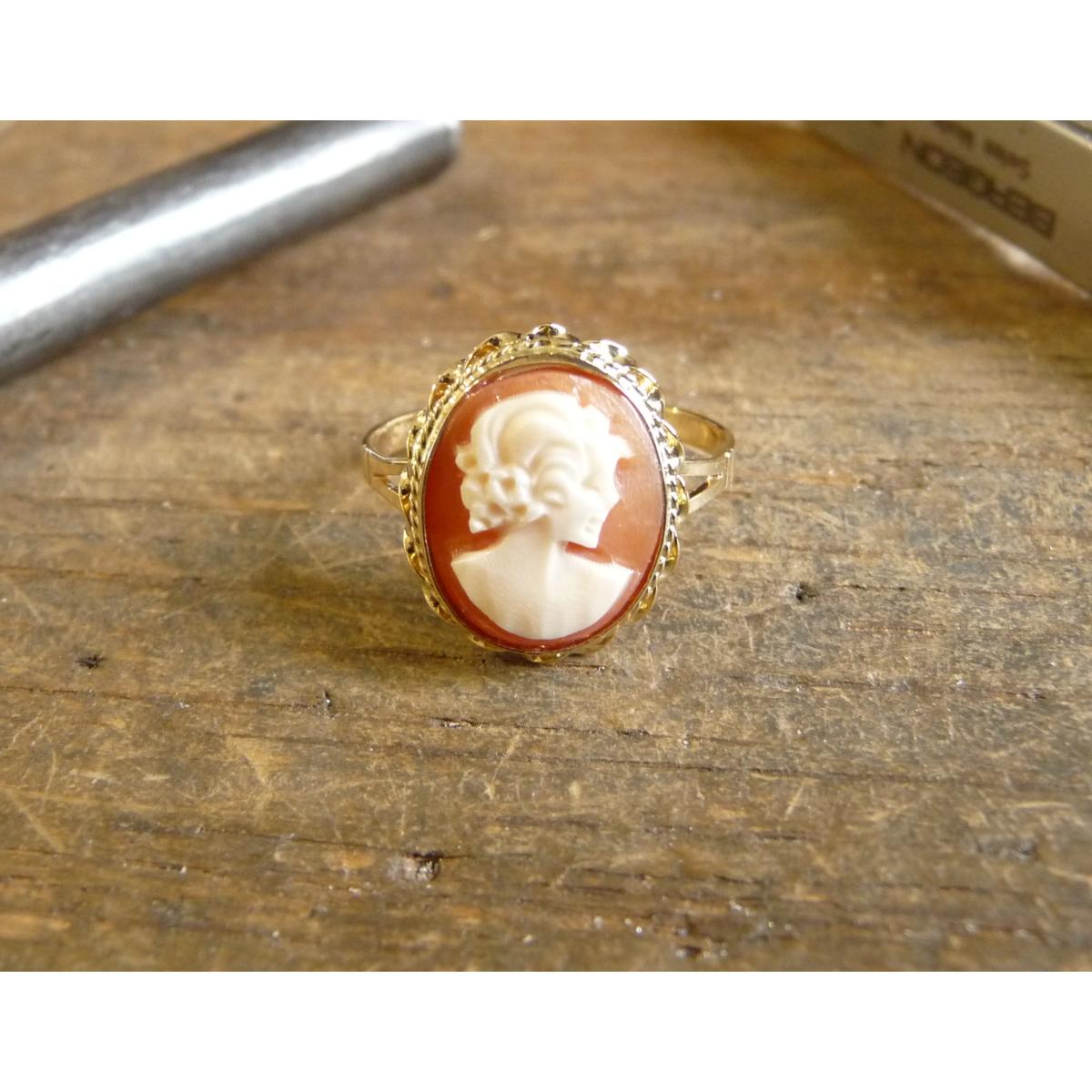Bague Vintage En Or 18K, Argent, Camée Et Hématites - Taille 55, XIXe Siècle, Occasion