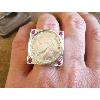 Chevalière carrée argent  pièce de 1 Franc Napoléon III, rubis synthétiques