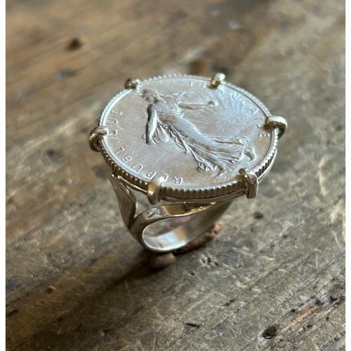 Bague pièce argent  plume 1 Franc Semeuse