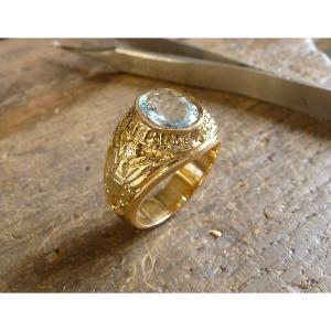 Bague américaine US Army en or 9 KT et aigue marine