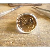 Chevalière argent massive ronde pièce de 5 Francs or Napoléon